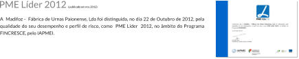 A  Madifoz -  Fbrica de Urnas Paionense, Lda foi distinguida, no dia 22 de Outubro de 2012, pela qualidade do seu desempenho e perfil de risco, como  PME Lder  2012, no mbito do Programa FINCRESCE, pelo IAPMEI. PME Lder 2012 (publicado em nov 2012)